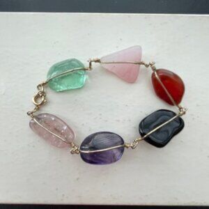 Bracelet set in nugget style -Multi color gemstones-Set in gold tone metal wire